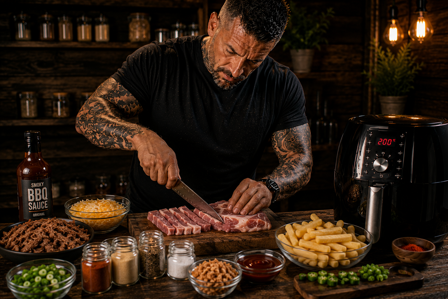 Air-Fryer BBQ Pulled Pork Loaded Fries preparation stage